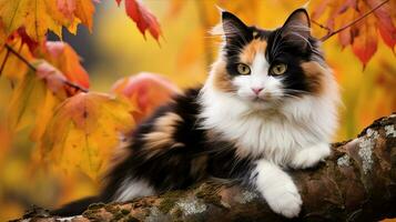 calicò gatto arroccato su un' ramo, suo multicolore pelliccia mescolanza con autunno fogliame. generativo ai foto