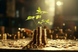 ai generativo. investimento concetto, monete pila con verde pianta in crescita su di esso. foto