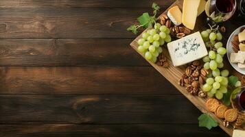 un' con gusto disposte formaggio piatto con uva, noccioline, e vino, impostato su un' rustico di legno tavola. generativo ai foto