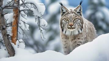 un' selvaggio lince, suo trapuntata orecchie rallegrato, mimetizzato contro il nevoso natura selvaggia, Guardando intensamente. generativo ai foto