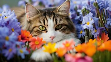 gatto annidato nel un' letto di primavera fiori, un' vivace spruzzo di colori in giro suo tranquillo, calmo riposo. generativo ai foto
