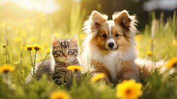 cane e gatto insieme, carino animali domestici nel estate o primavera giardino. generativo ai foto