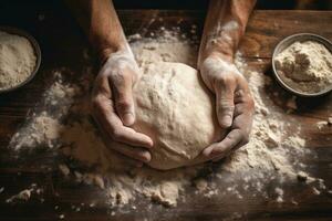 ai generato scena di il dello chef mani impasto pane Impasto. foto