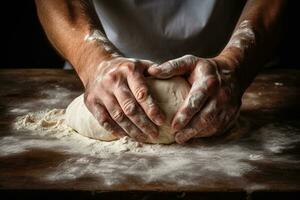 ai generato scena di il dello chef mani impasto pane Impasto. foto