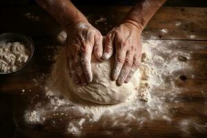 ai generato scena di il dello chef mani impasto pane Impasto. foto