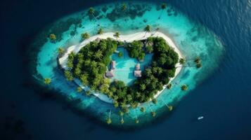 aereo Visualizza di tropicale isola nel il oceano. abitato subtropicale isola con palma alberi e bianca sabbia. foto