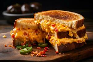 delizioso tostato pane con pimento formaggio su tavolo, avvicinamento foto