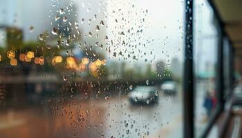 pioggia far cadere su finestra bicchiere di caffè negozio e sfocato città vita sfondo foto