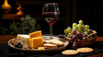 formaggio piatto con uva, cracker e vino su buio sfondo foto