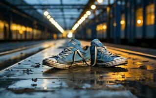 abbandonato scarpe su il piattaforma di un' ferrovia stazione foto