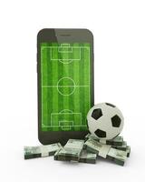 3d interpretazione di un' mobile Telefono con calcio campo su schermo, calcio palla e pile di brasiliano rial Appunti isolato su bianca sfondo. foto