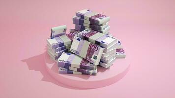 pile di 500 Euro Appunti su superiore di piedistallo. i soldi su rosa sfondo. 3d interpretazione di gruppi di denaro contante foto