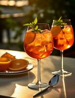 foto di alcuni aperol spritz bevanda elegantemente plated su un' tavolo. generativo ai