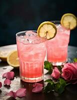 foto di alcuni rosa acqua limonata bevanda elegantemente plated su un' tavolo. generativo ai