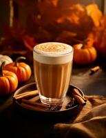 foto di alcuni zucca Spezia latte macchiato bevanda elegantemente plated su un' tavolo. generativo ai