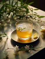 foto di alcuni gelsomino tè bevanda elegantemente plated su un' tavolo. generativo ai