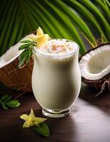 foto di alcuni Noce di cocco Pina colada frullato bevanda elegantemente plated su un' tavolo. generativo ai