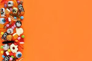 Halloween arancia sfondo con copia spazio su Giusto, assortito dolci su sinistra - tradizionale bulbi oculari cioccolatini, gelatina vermi, gommoso fantasmi. contento Halloween vacanza vendita e Dolcetto o scherzetto concetto. foto