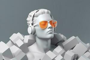 minimo scena di occhiali da sole e cuffie su umano testa scultura, musica concetto, 3d resa. ai generativo foto