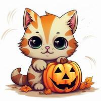 carino illustrazione di un' gatto con un' Halloween zucca. cartone animato stile, kawaii. poco divertente gattino. ai generato foto