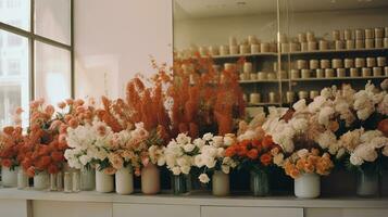 generativo ai, strada floreale negozio con colorato fiori, estetico smorzato colori foto
