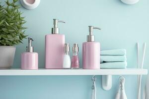 un' pastello bagno mensola con rosa cura della pelle prodotti, copia spazio, striscione, rosa e pastello blu luminosa tavolozza, barbiecore. ai generativo foto