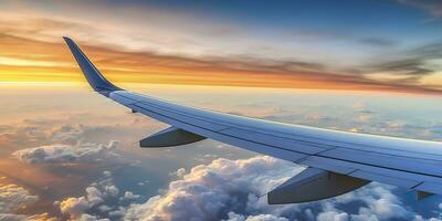 aereo aereo ala a tramonto tempo attraverso nuvole, ai generativo foto