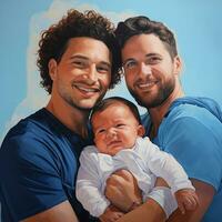 fotorealistico Immagine di Due giovane uomini con un' bambino. adozione di lgbt coppie, adottato bambini nel dello stesso sesso famiglie. ai generato foto