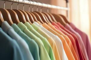 colorato Abiti su un' capi di abbigliamento cremagliera, pastello colorato guardaroba nel un' shopping memorizzare o Camera da letto, arcobaleno colore Abiti scelta su grucce, casa armadio concetto Immagine. ai generativo foto