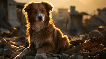 vagante cane su un' danneggiato strada nel pomeriggio leggero - un' potente Immagine per animale diritti difesa, ai generativo foto