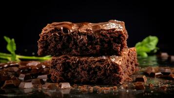 avvicinamento lato Visualizza di umido buio cioccolato brownies dolce, un' allettante fatti in casa diletto con decadente fudgy struttura, impostato contro un' ricco e buio sfondo, umido cibo sfondo, ai generativo foto