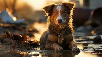 vagante cucciolo su un' danneggiato strada nel pomeriggio leggero - un' potente Immagine per animale diritti difesa, vagante cane, ai generativo foto