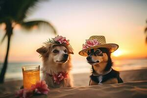Due carino cani riposo su il spiaggia, generativo ai foto