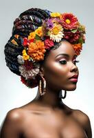 afro acconciatura con trecce e fiore arredamento per elegante nero ragazza, generativo ai foto