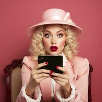 Barbie stile giovane donna influencer con smartphone, generativo ai foto