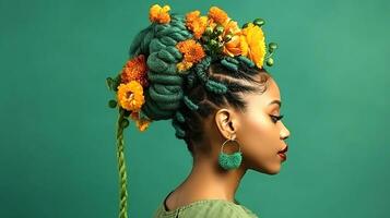 afro acconciatura con trecce e fiore arredamento per elegante nero ragazza, generativo ai foto