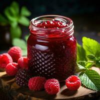 fatti in casa lampone marmellata nel un' bicchiere vaso con fresco frutti di bosco foto