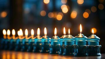 raggiante candele nel un' sfocato menorah foto