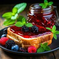 marmellata e crostini con miele e fresco frutti di bosco su un' piatto foto