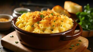 confortante ciotola di maccheroni e formaggio con pane briciole foto