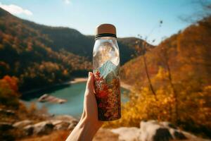 femmina mano Tenere un' gli sport bottiglia con un' montagna paesaggio su il sfondo foto