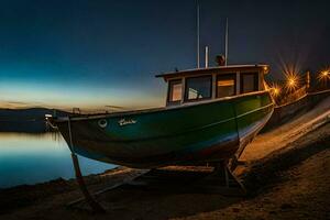 un' barca si siede su il riva a crepuscolo. ai-generato foto