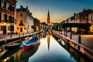 un' canale nel il mezzo di un' città con Barche. ai-generato foto