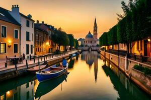 un' canale nel il mezzo di un' città a tramonto. ai-generato foto