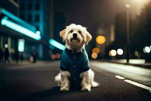 un' piccolo cane nel un' blu maglione è seduta su il strada a notte. ai-generato foto