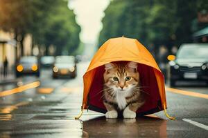 un' gatto sotto un ombrello nel il pioggia. ai-generato foto