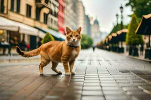 un arancia gatto a piedi su un' città strada. ai-generato foto