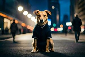 un' cane seduta su il strada a notte. ai-generato foto