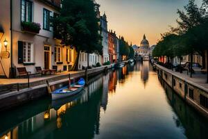 un' canale nel il mezzo di un' città a tramonto. ai-generato foto