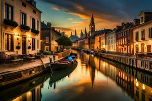 un' canale nel il mezzo di un' città a tramonto. ai-generato foto